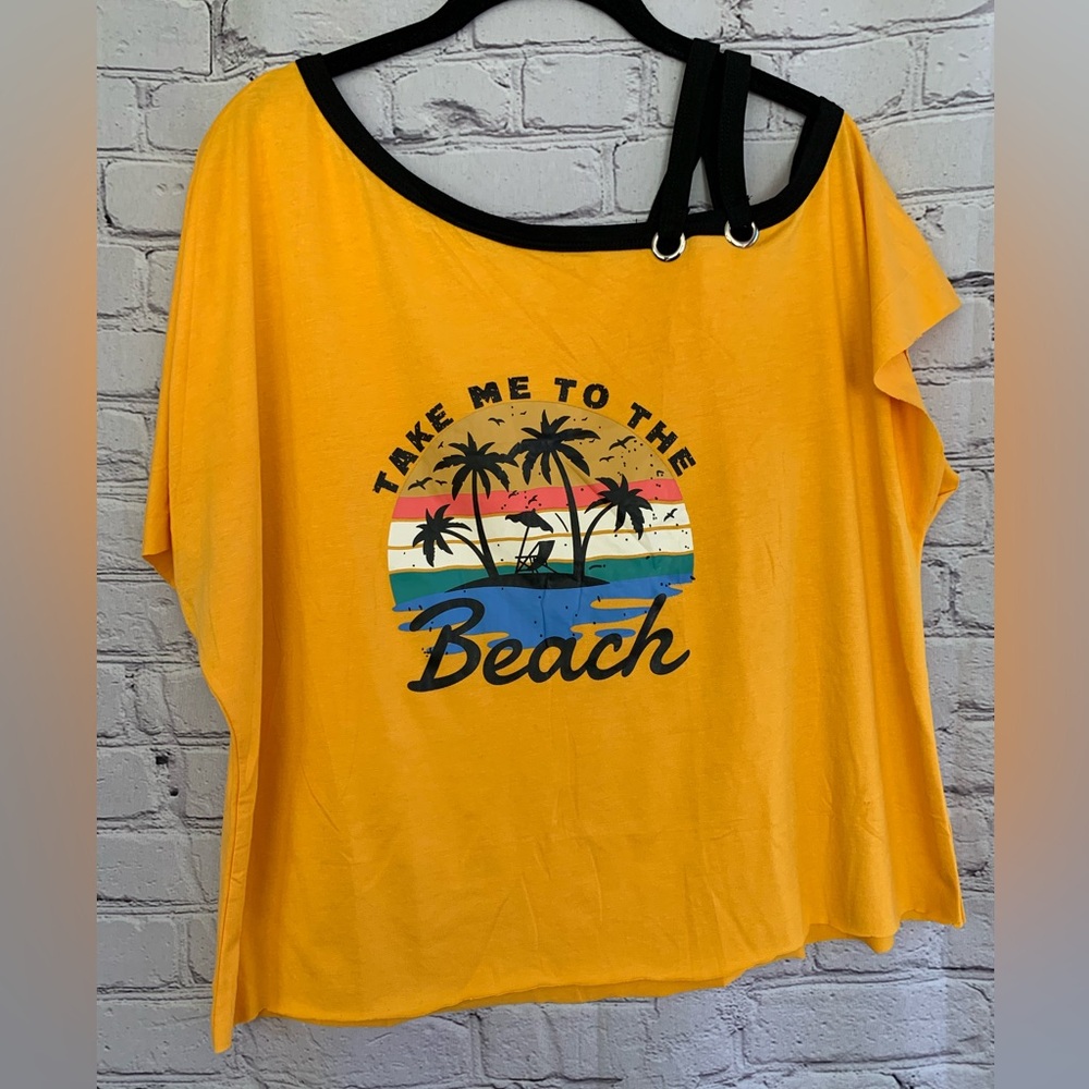 Yellow Cold-Shoulder Beach Graphic Tee NWOT XL - Picture 5 of 6